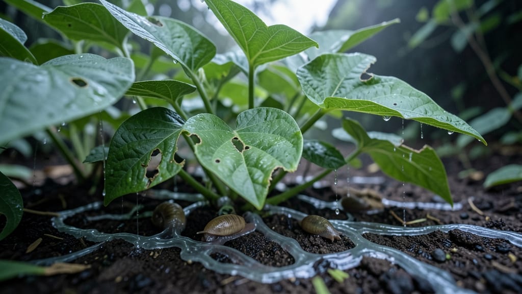 Slugs and Snails Feeding on Lima Bean Leaves
